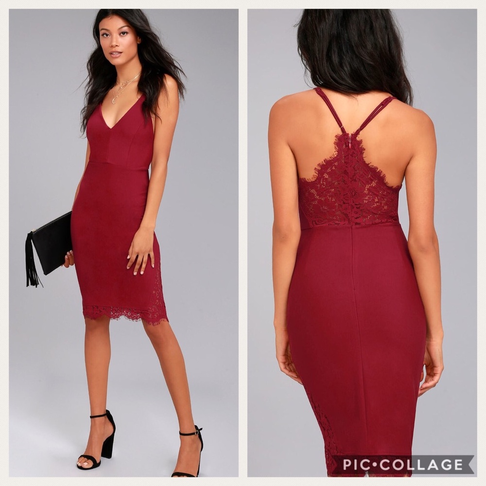 Lulu’s Burgundy Lace Bodycon Midi Dress XS